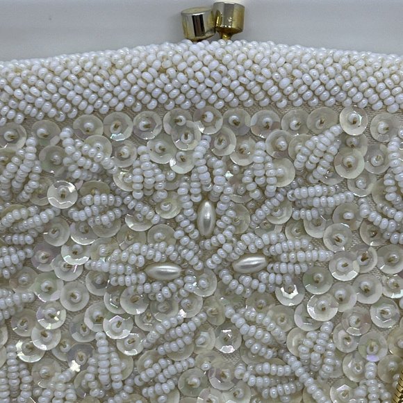 Vintage Beaded Purse Kiss Lock Bags by Debbie Cream White Shimmer Gold 9.5x5.5” - Picture 6 of 16